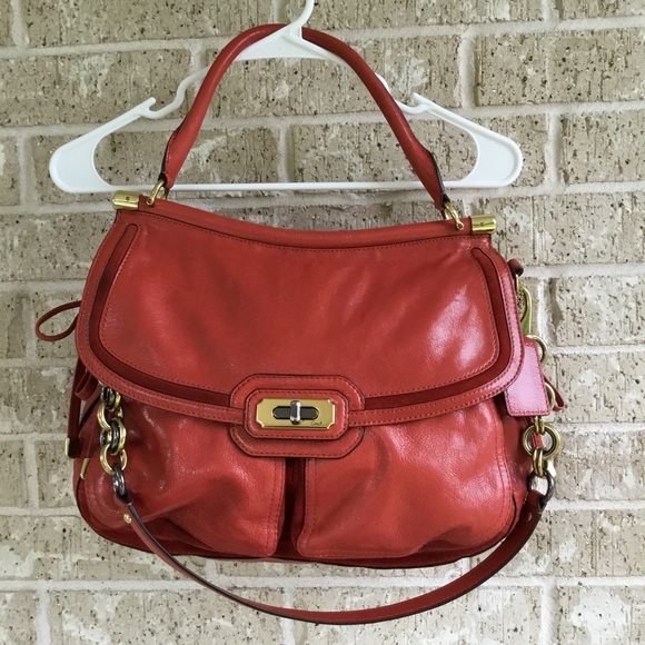 COACH®Flagship Chelsea Dowel Flap genuine leather Large Shoulder bag Orange - Picture 2 of 16